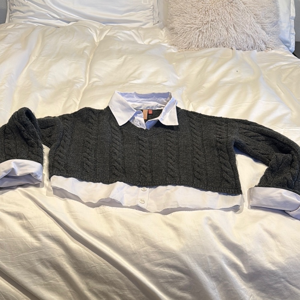 Pilcro Black Cable Knit Sweater with White Collar